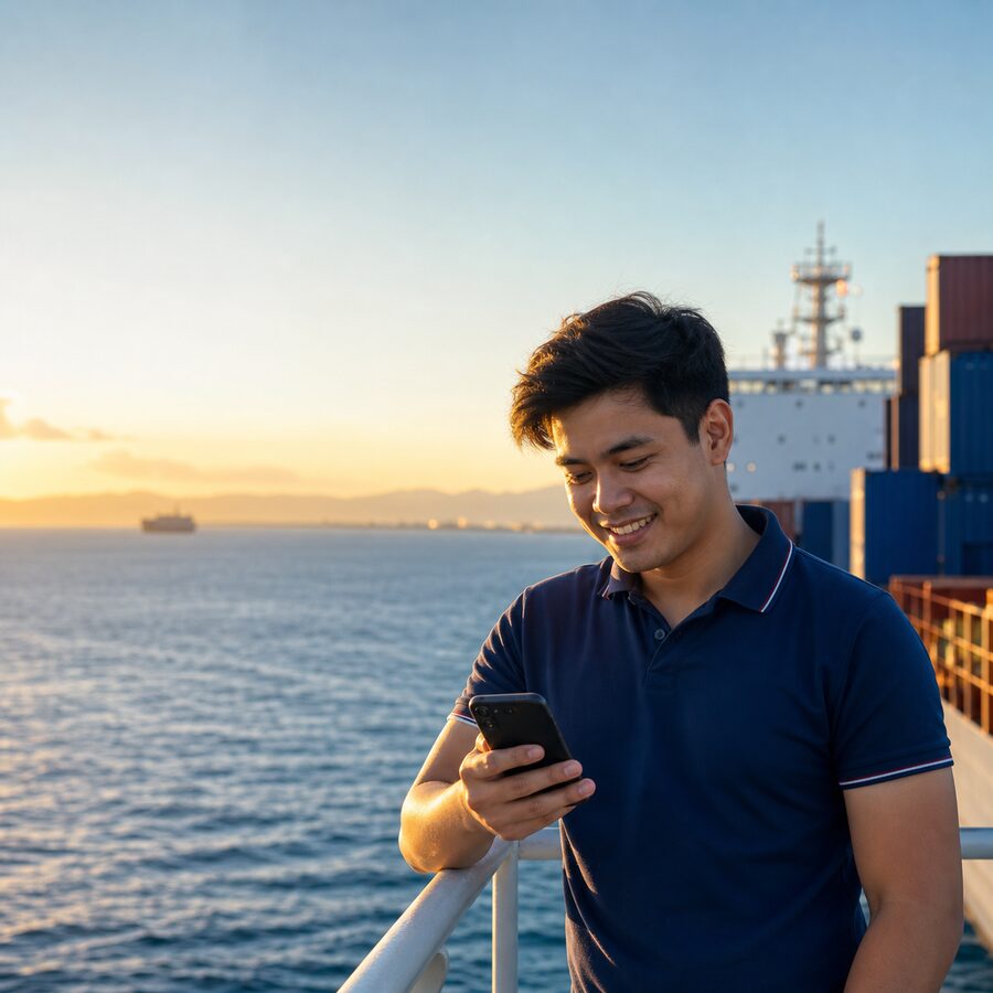 Seafarer checking his travel data plan on his phone aboard ship at sunset